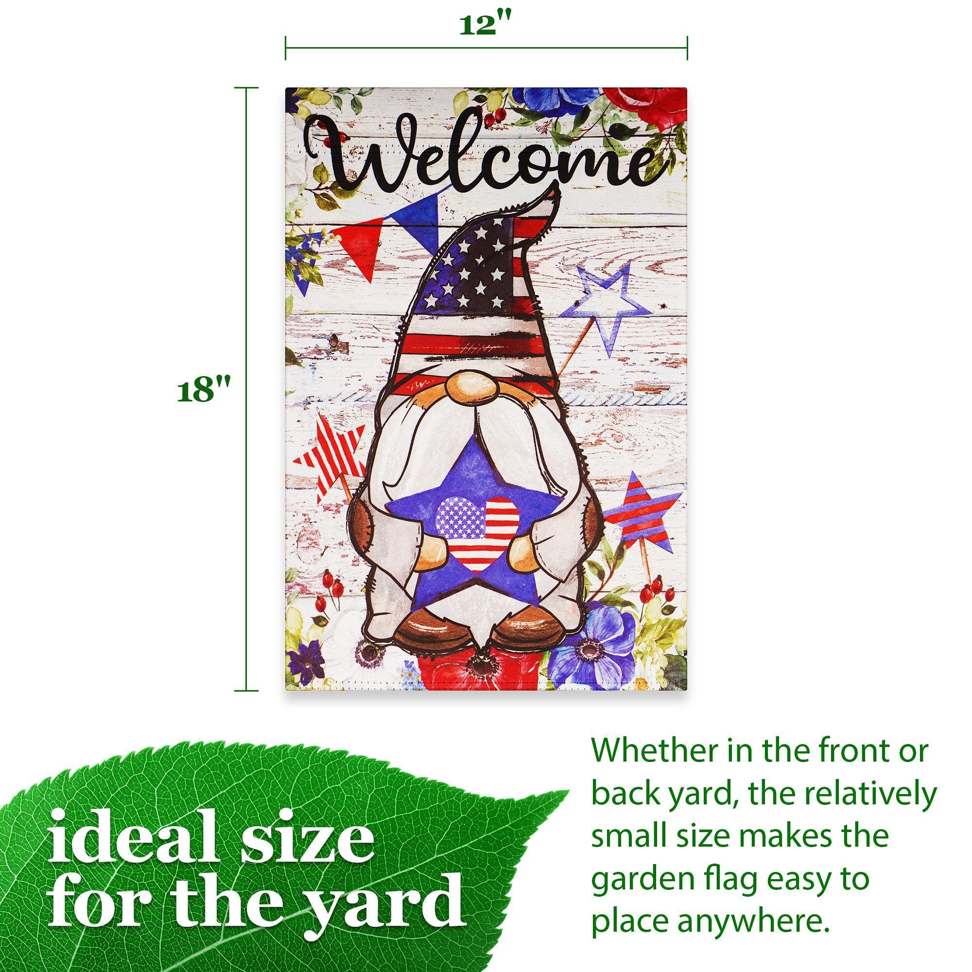 G128 Garden Flag Welcome Patriotic Gnome with Star | 12x18 Inch | Printed Blockout Polyester - Patriotic Decoration G128