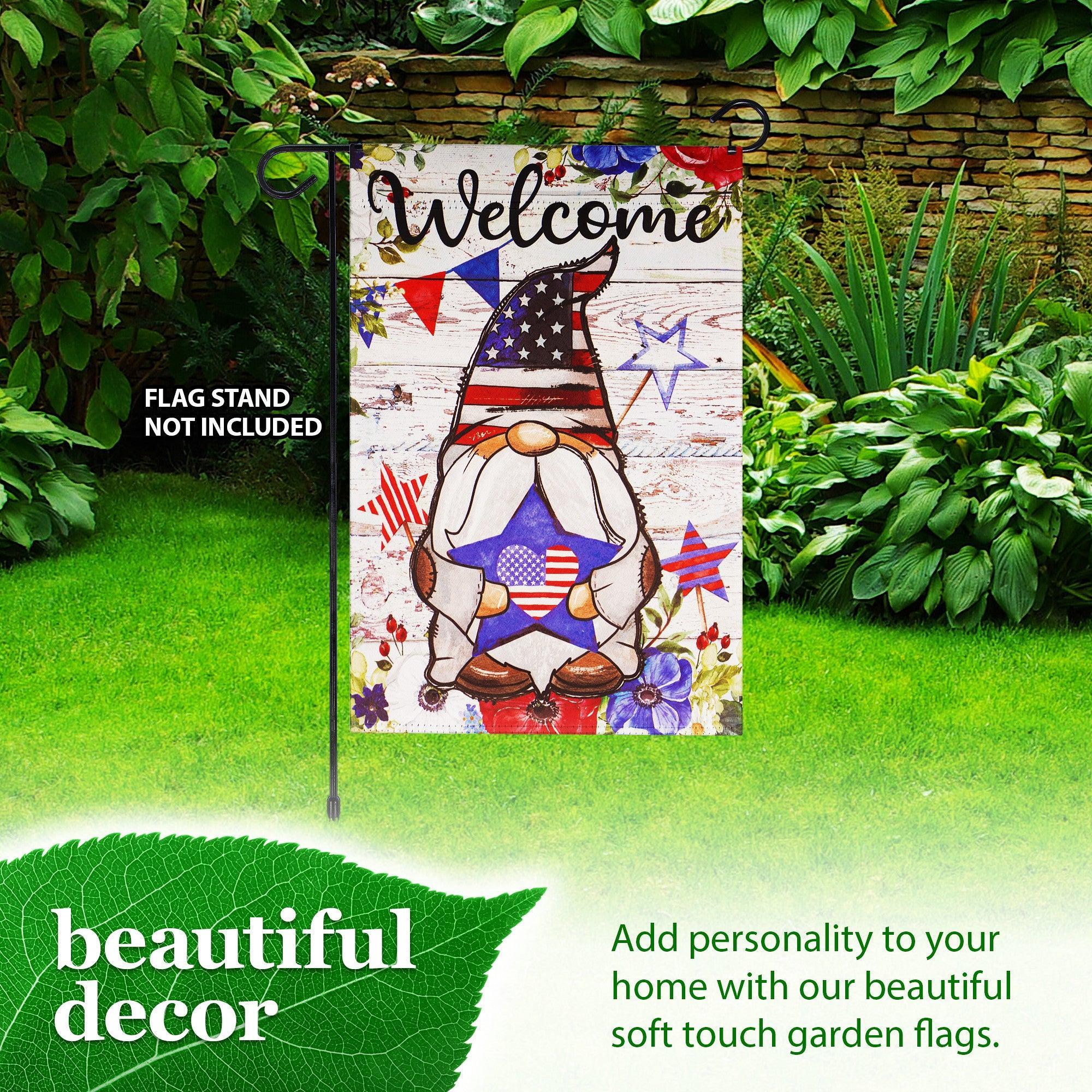 G128 Garden Flag Welcome Patriotic Gnome with Star | 12x18 Inch | Printed Blockout Polyester - Patriotic Decoration G128