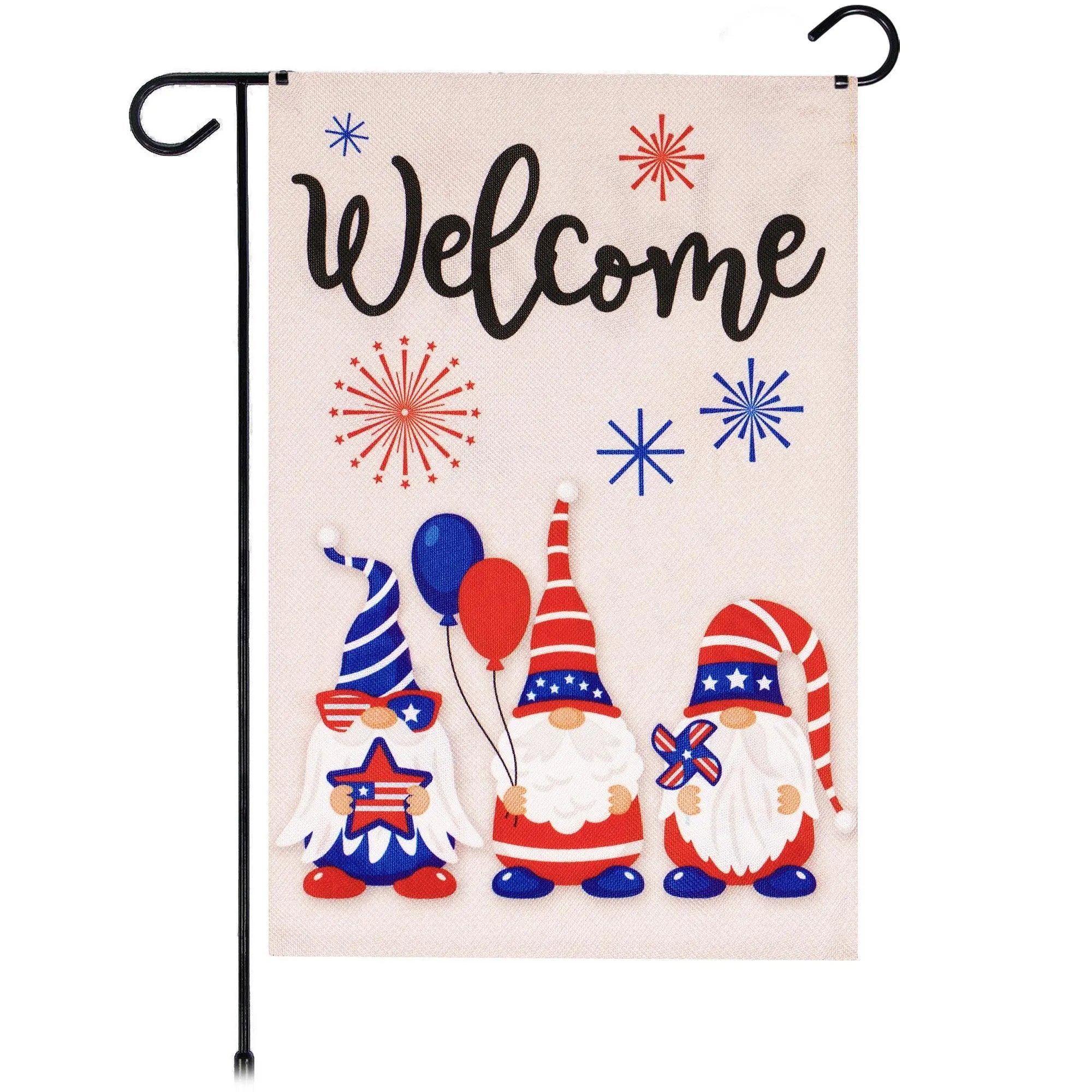 G128 Garden Flag Welcome Three Gnomes Celebrating 4th of July 12"x18" Burlap Fabric G128
