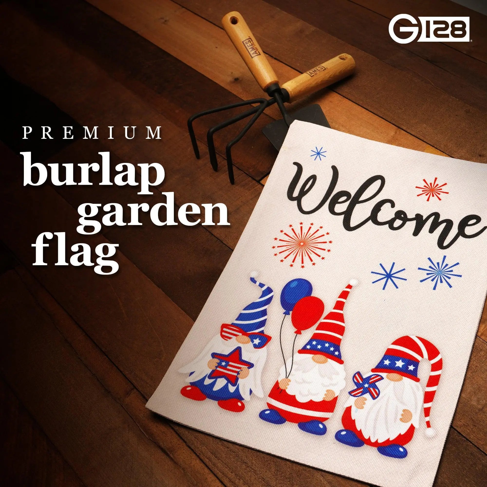 G128 Garden Flag Welcome Three Gnomes Celebrating 4th of July 12"x18" Burlap Fabric G128