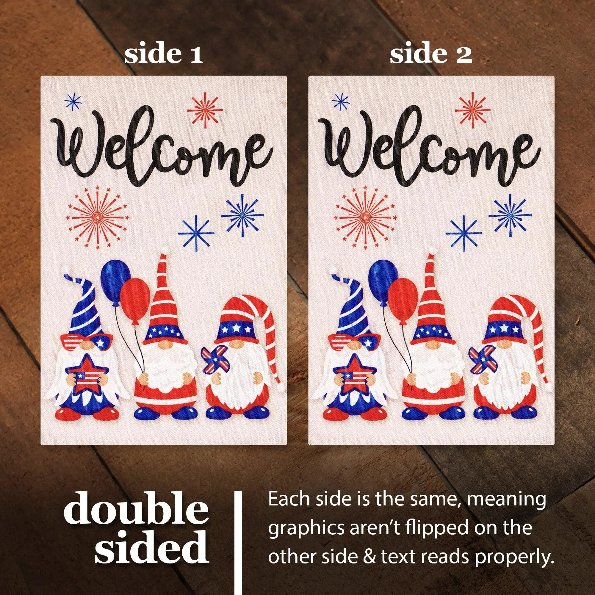 G128 Garden Flag Welcome Three Gnomes Celebrating 4th of July 12"x18" Burlap Fabric G128
