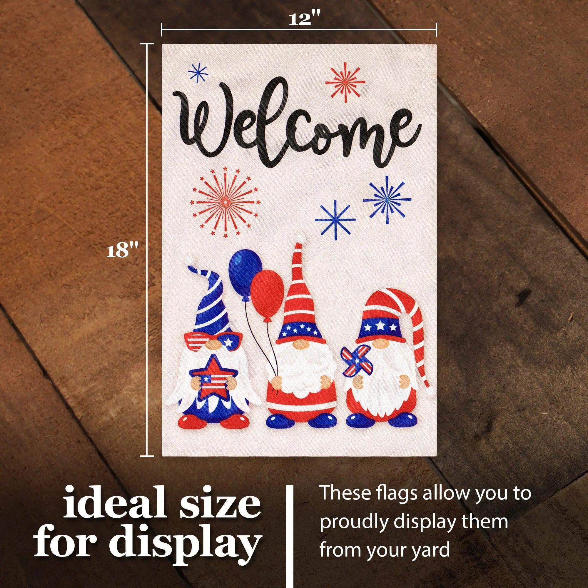 G128 Garden Flag Welcome Three Gnomes Celebrating 4th of July 12"x18" Burlap Fabric G128