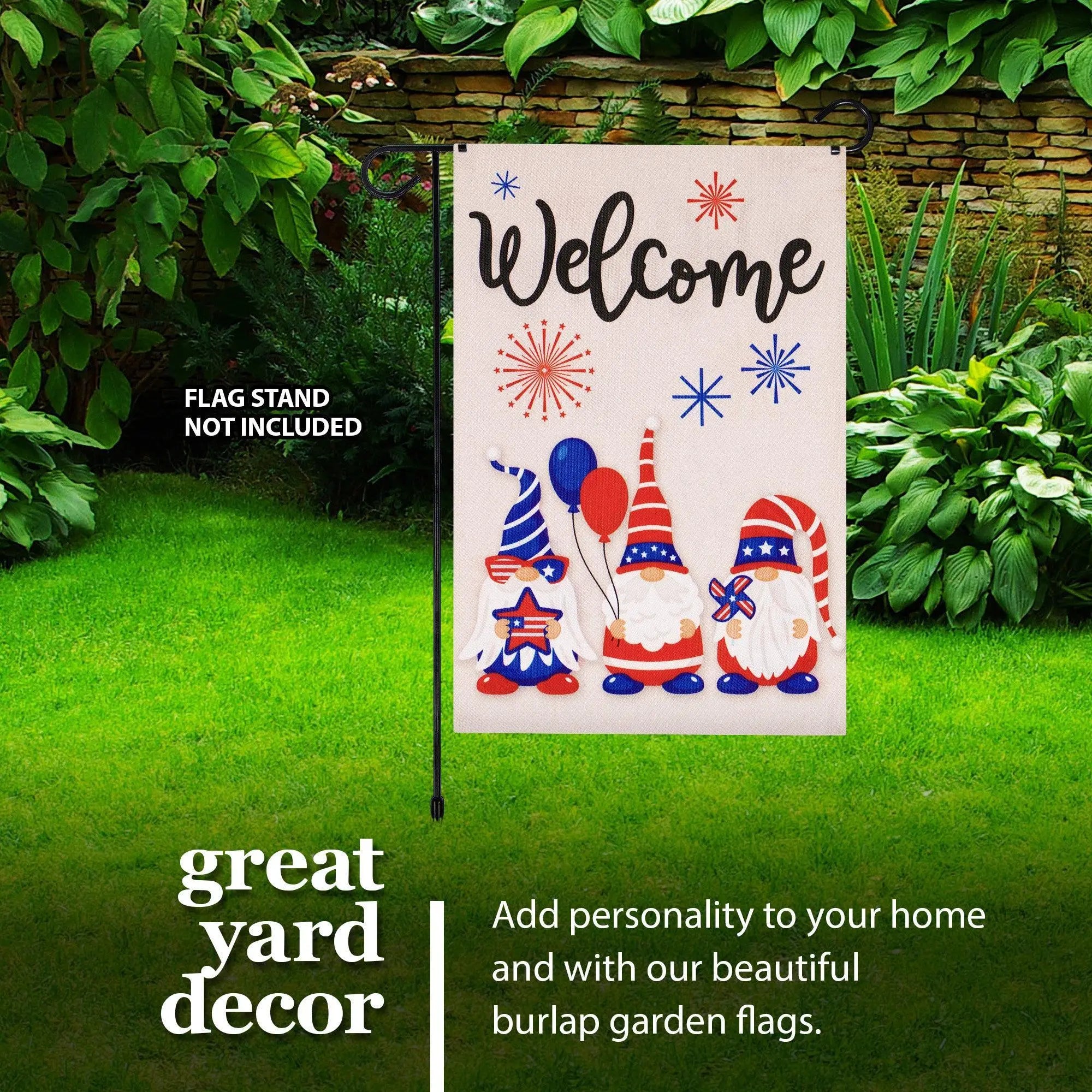 G128 Garden Flag Welcome Three Gnomes Celebrating 4th of July 12"x18" Burlap Fabric G128