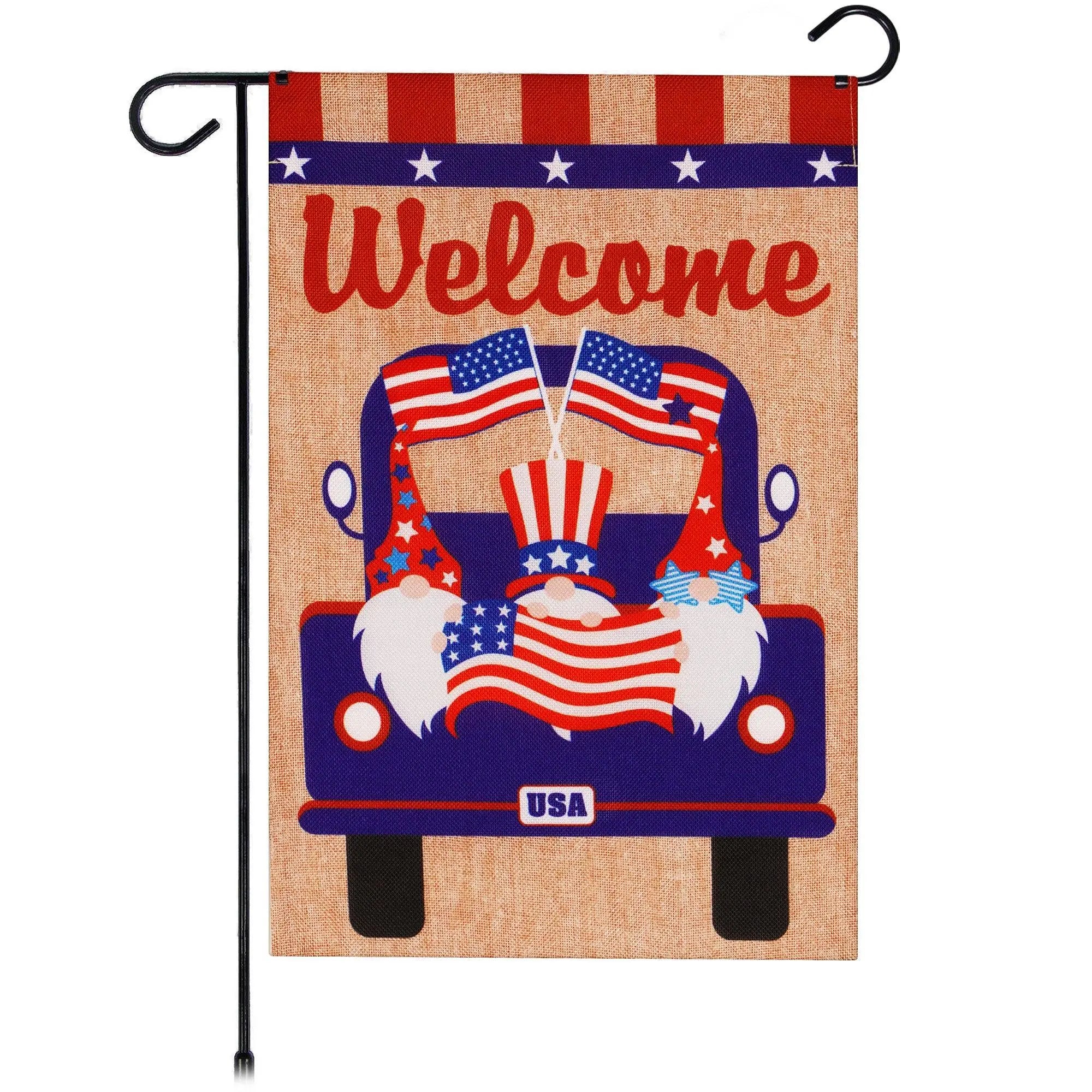 G128 Garden Flag Welcome Three Gnomes in Patriotic Truck 12"x18" Burlap Fabric G128