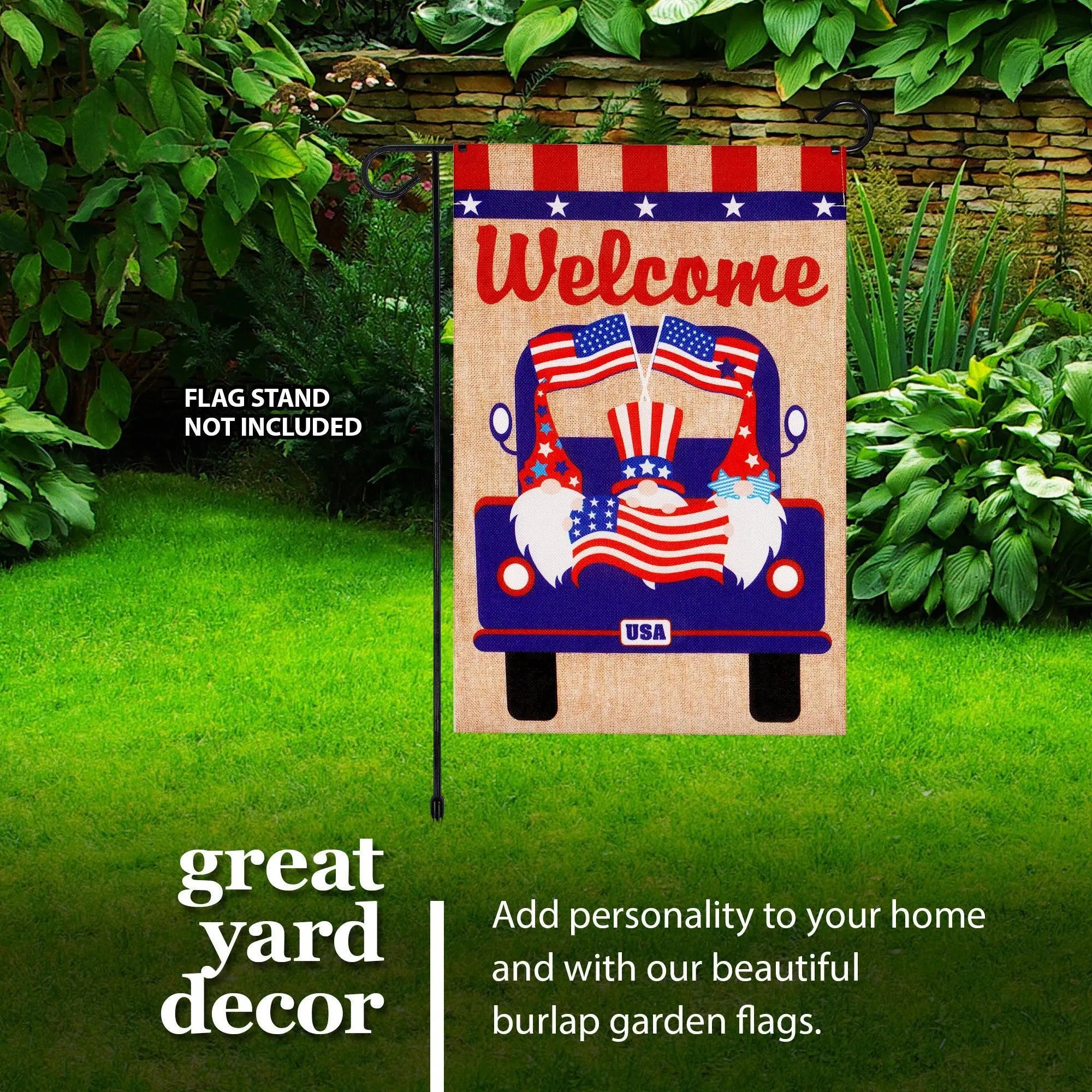 G128 Garden Flag Welcome Three Gnomes in Patriotic Truck 12"x18" Burlap Fabric G128
