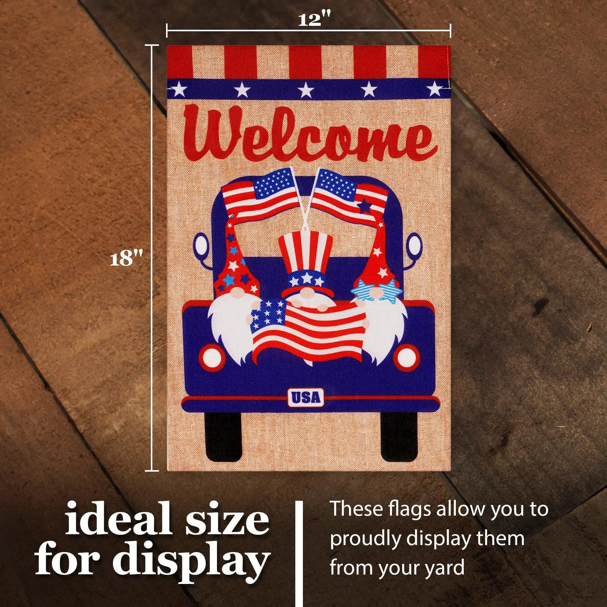 G128 Garden Flag Welcome Three Gnomes in Patriotic Truck 12"x18" Burlap Fabric G128