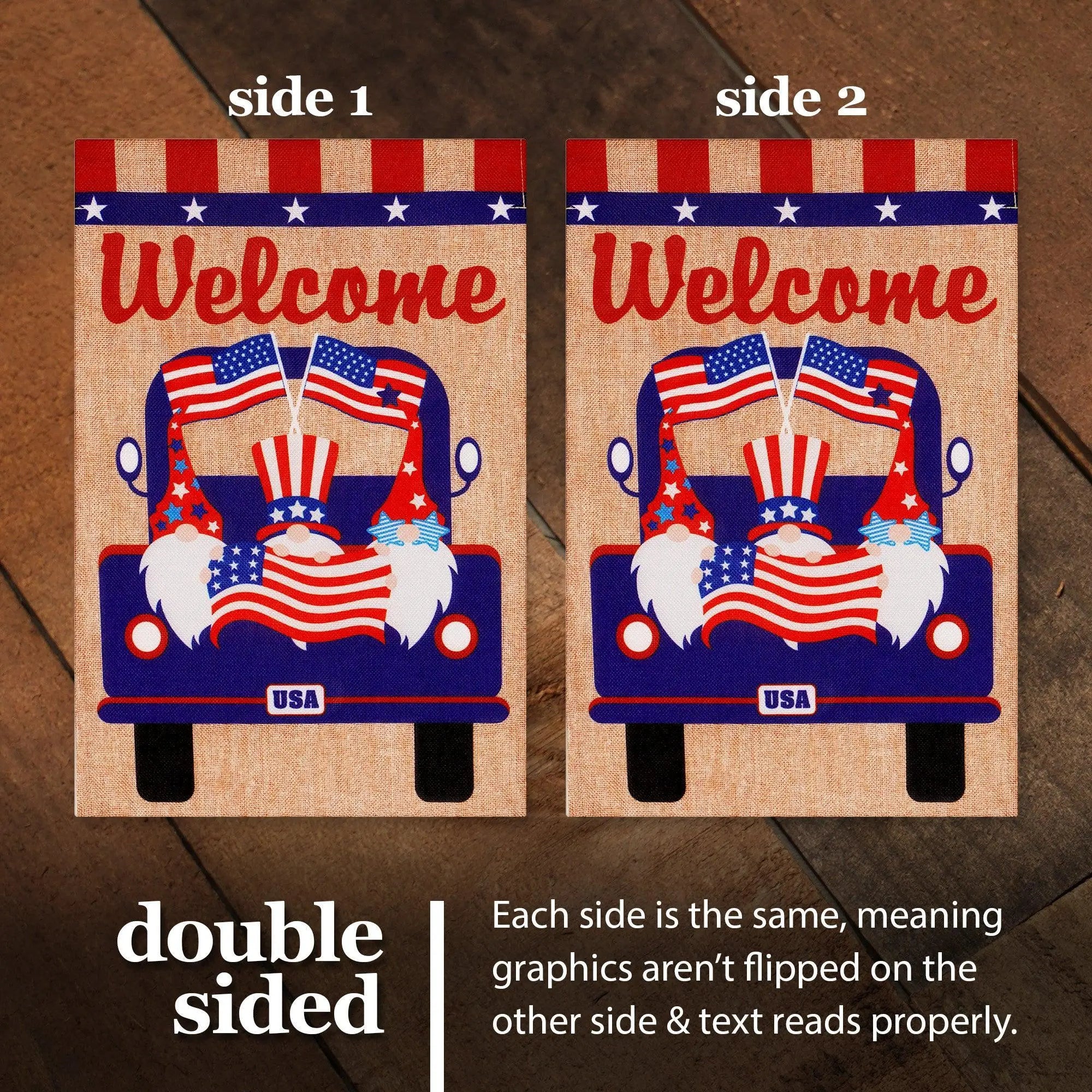 G128 Garden Flag Welcome Three Gnomes in Patriotic Truck 12"x18" Burlap Fabric G128