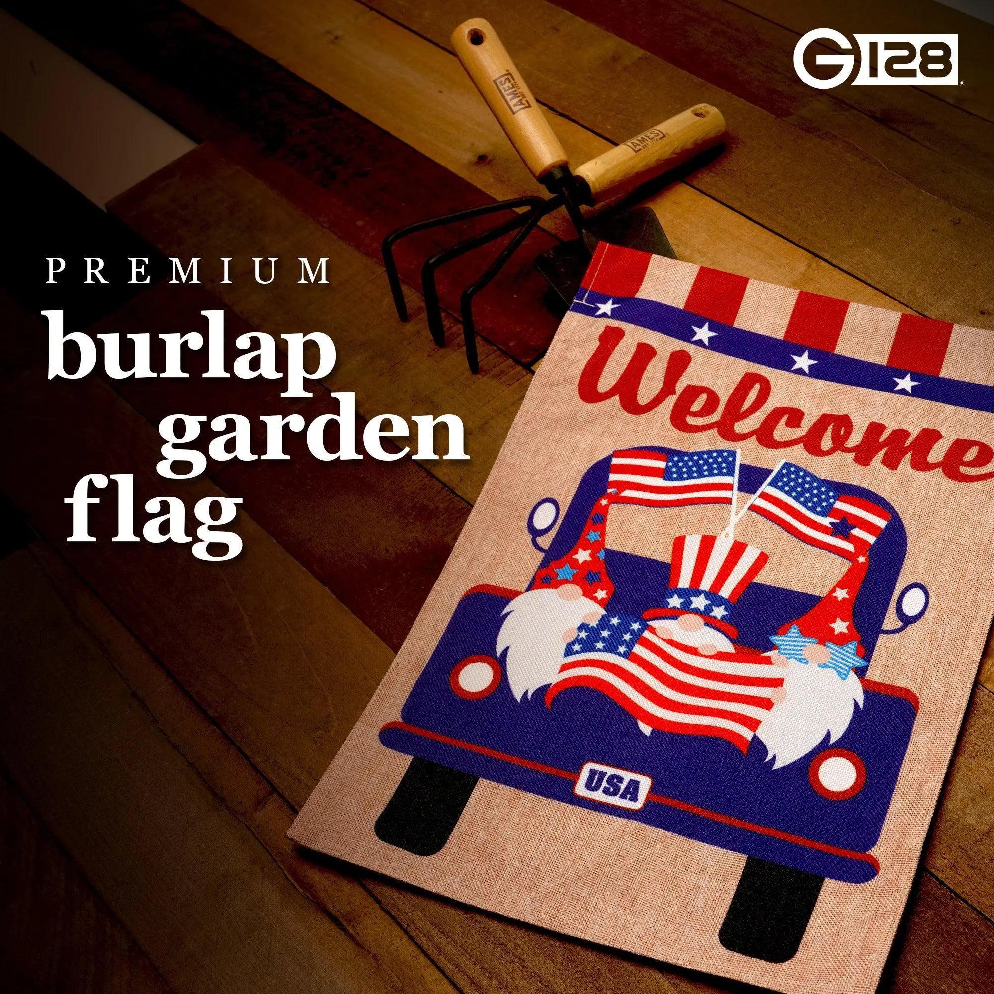 G128 Garden Flag Welcome Three Gnomes in Patriotic Truck 12"x18" Burlap Fabric G128