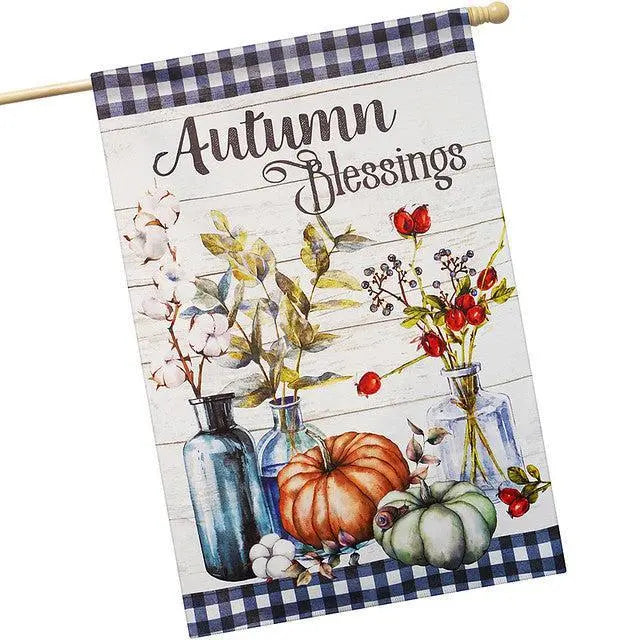 G128 House Flag Autumn Blessings Pumpkins and Flower Vases | 28x40 Inch | Printed Blockout Polyester - Fall Decoration G128