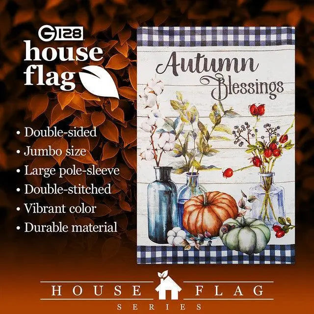 G128 House Flag Autumn Blessings Pumpkins and Flower Vases | 28x40 Inch | Printed Blockout Polyester - Fall Decoration G128
