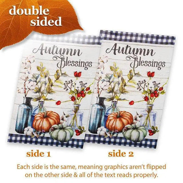 G128 House Flag Autumn Blessings Pumpkins and Flower Vases | 28x40 Inch | Printed Blockout Polyester - Fall Decoration G128