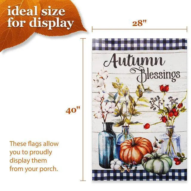 G128 House Flag Autumn Blessings Pumpkins and Flower Vases | 28x40 Inch | Printed Blockout Polyester - Fall Decoration G128