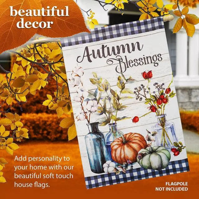 G128 House Flag Autumn Blessings Pumpkins and Flower Vases | 28x40 Inch | Printed Blockout Polyester - Fall Decoration G128