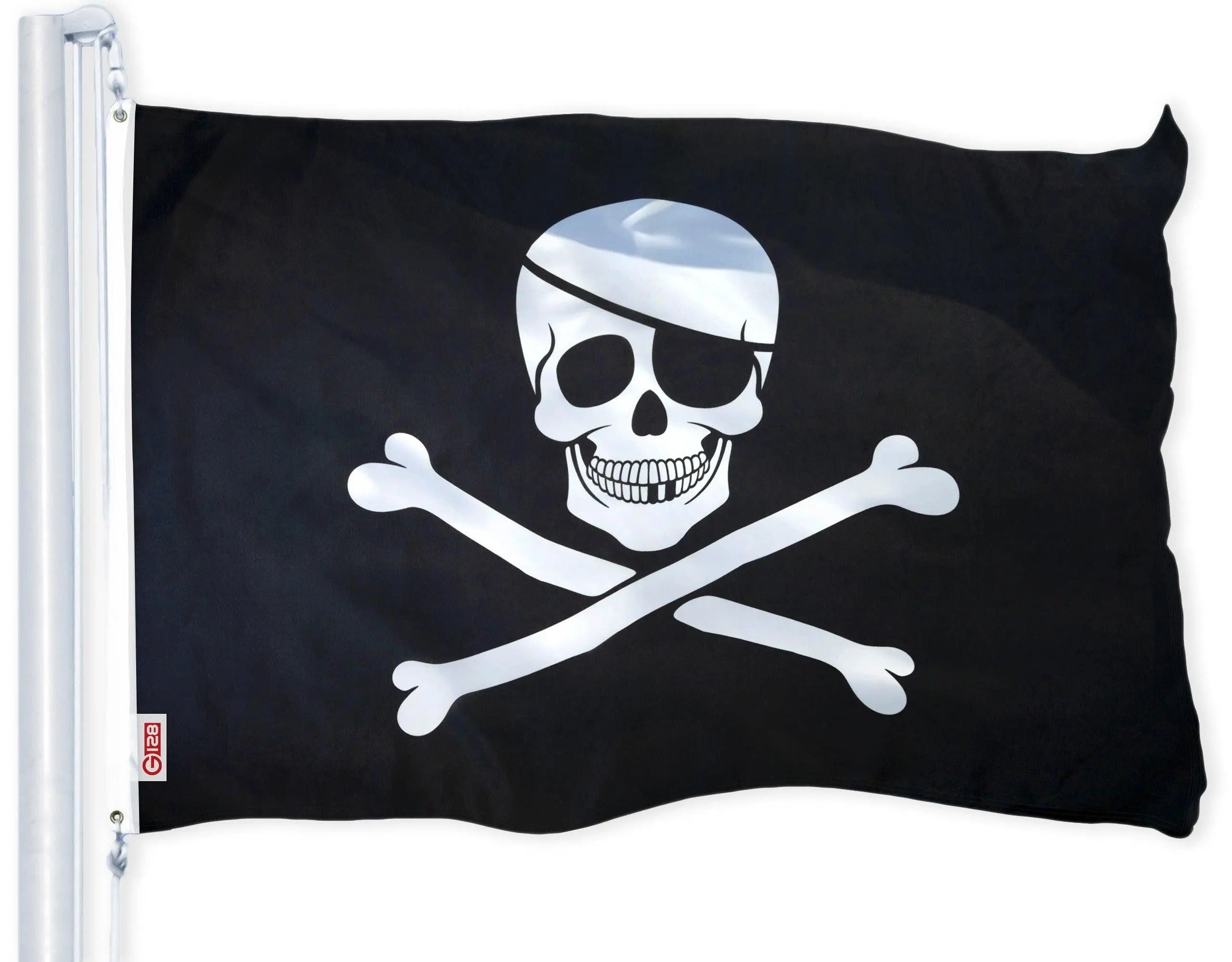 G128 - Jolly Roger Pirate Flag (Bones) 3x5 FT Printed Brass Grommets 150D Polyester Indoor/Outdoor - Much Thicker More Durable Than 100D 75D Polyester G128