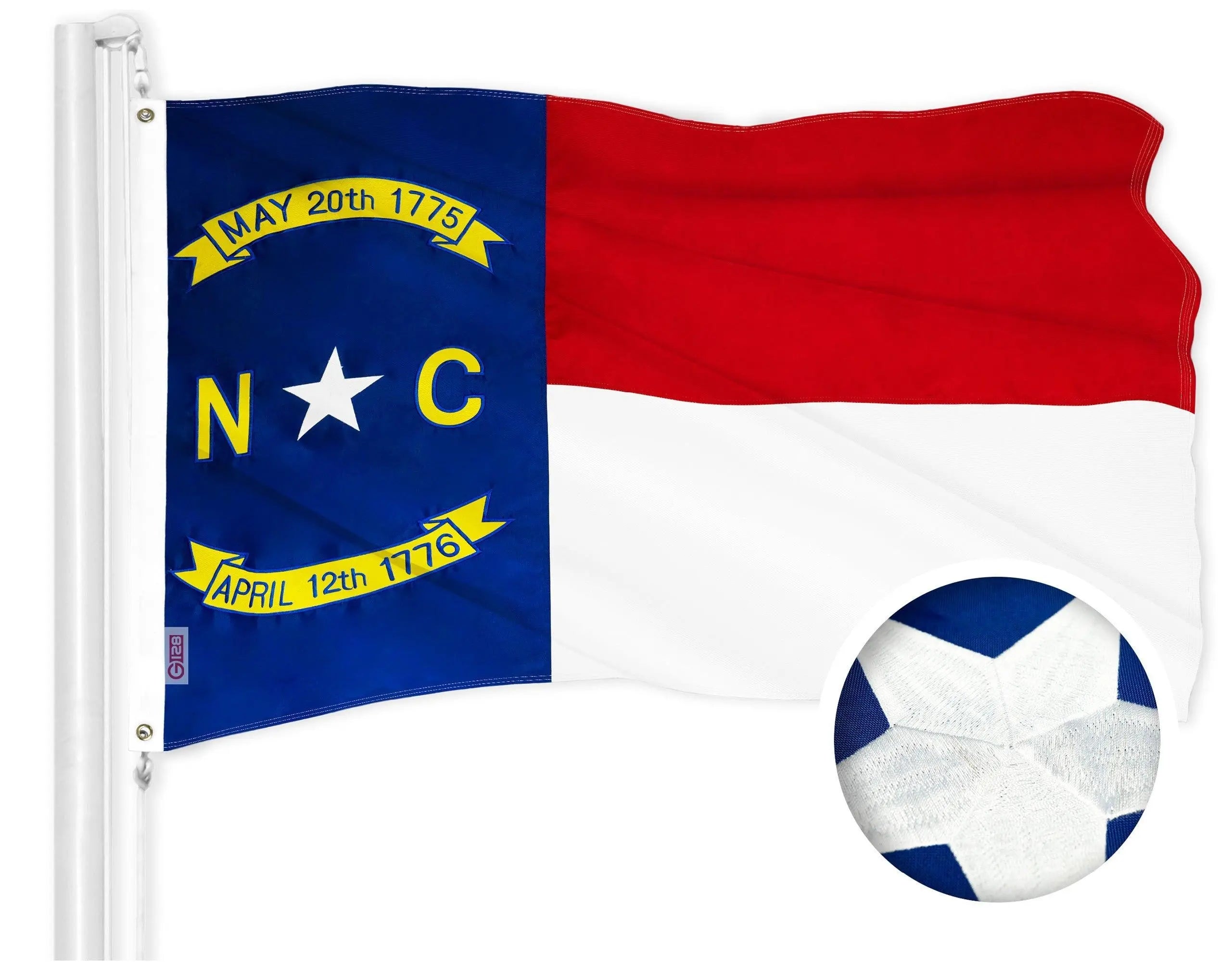 G128 North Carolina State Flag | 1x1.5 Ft | ToughWeave Series Embroidered 300D Polyester | Embroidered Design, Indoor/Outdoor, Brass Grommets - GreatEagleInc