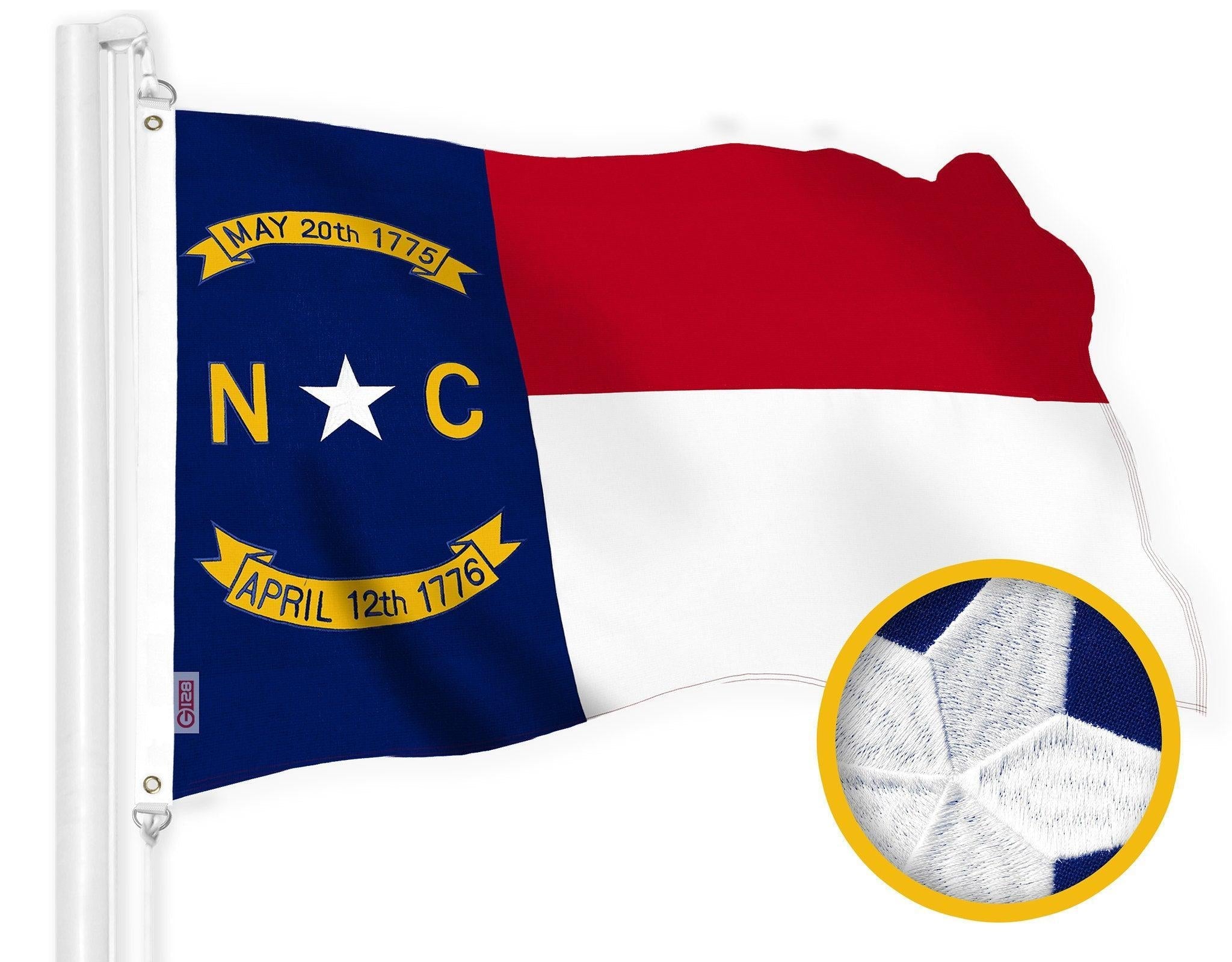G128 North Carolina State Flag | 2.5x4 Ft | StormFlyer Series Embroidered 220GSM Spun Polyester | Embroidered Design, Indoor/Outdoor, Brass Grommets, Heavy Duty, All Weather G128
