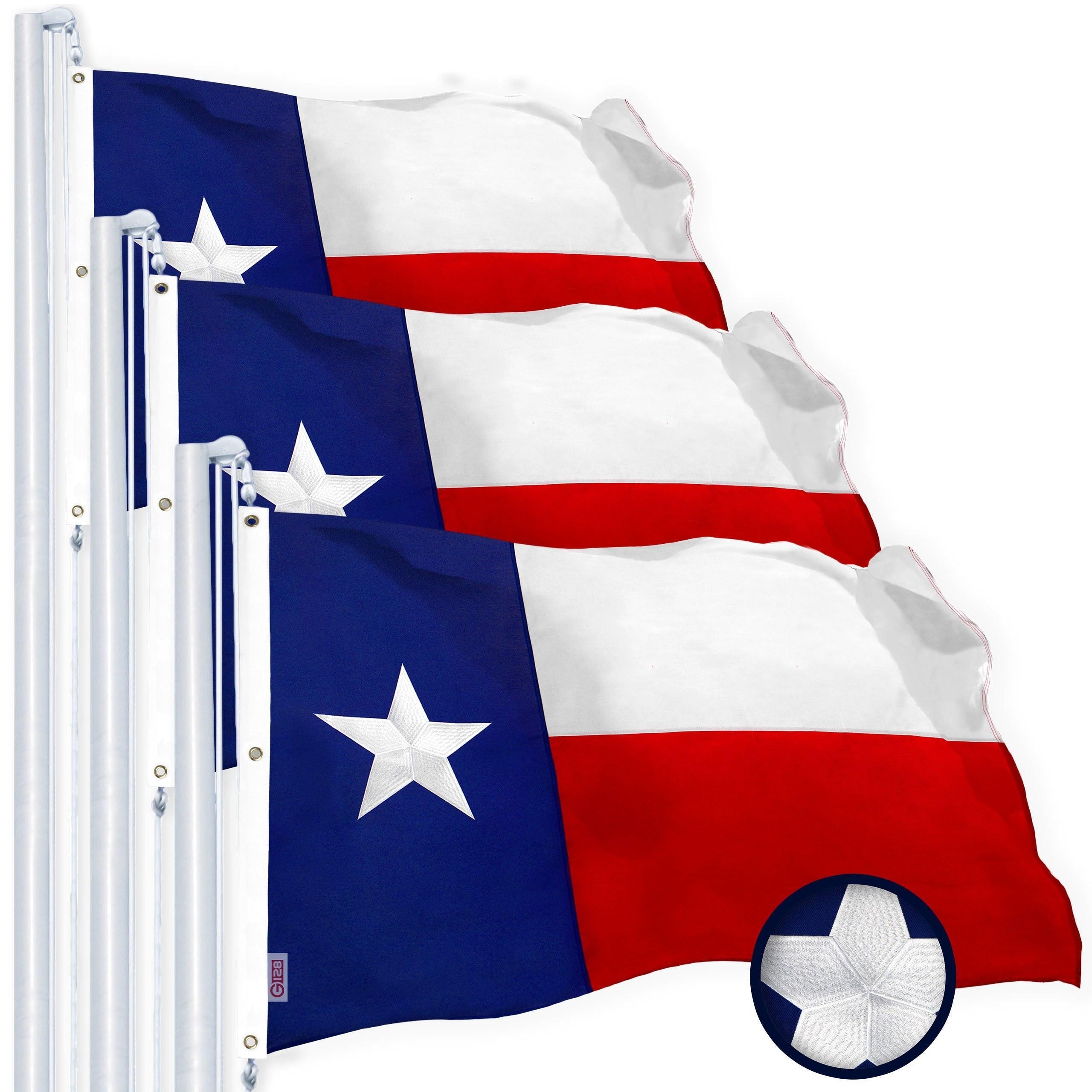 G128 Texas State Flag 5x8 FT 3-Pack Embroidered Stars Sewn Stripes Heavy Duty 220GSM Tough Spun Polyester Quality with Brass Grommets G128