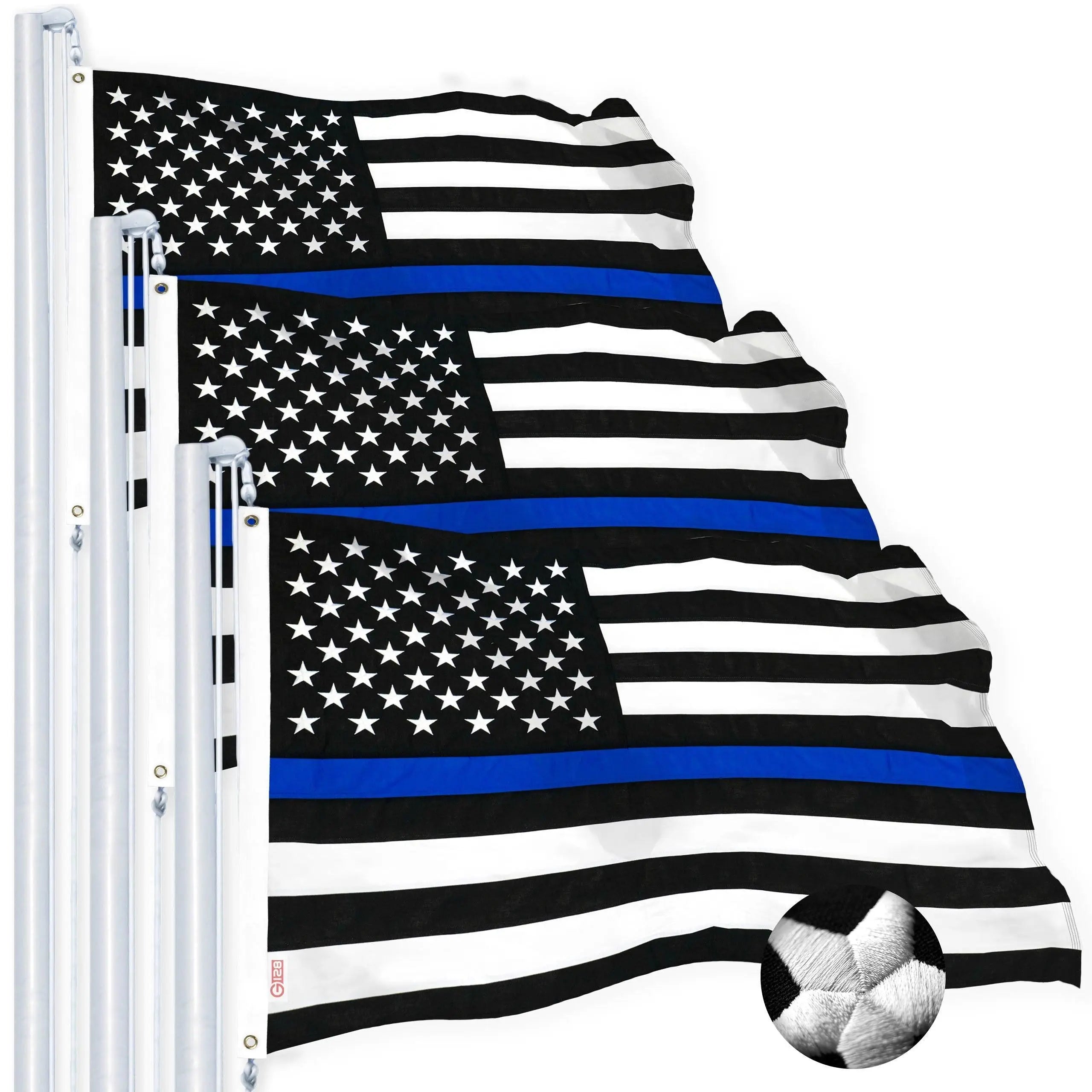G128 Thin Blue Line Flag 2.5x4 FT 3-Pack Embroidered Heavy Duty 220GSM Tough Spun Polyester U.S. American Flag Brass Grommets Honoring Men and Women of Law Enforcement Black White and Blue US Flag G128