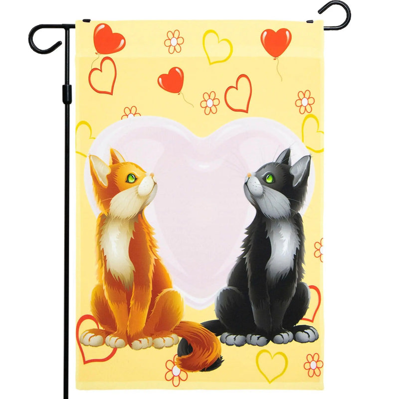 G128 - Valentine's Day Garden Flag, Valentine Themed Decorations - Cats in Love,  | 12x18 Inch | Printed 150D Polyester - Rustic Holiday Seasonal Outdoor Flag G128