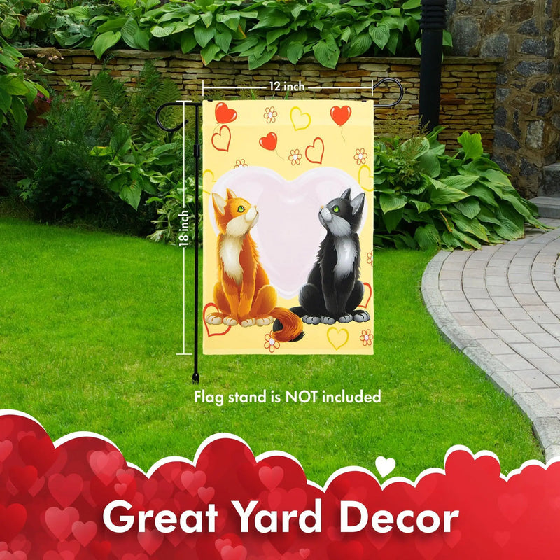 G128 - Valentine's Day Garden Flag, Valentine Themed Decorations - Cats in Love,  | 12x18 Inch | Printed 150D Polyester - Rustic Holiday Seasonal Outdoor Flag G128