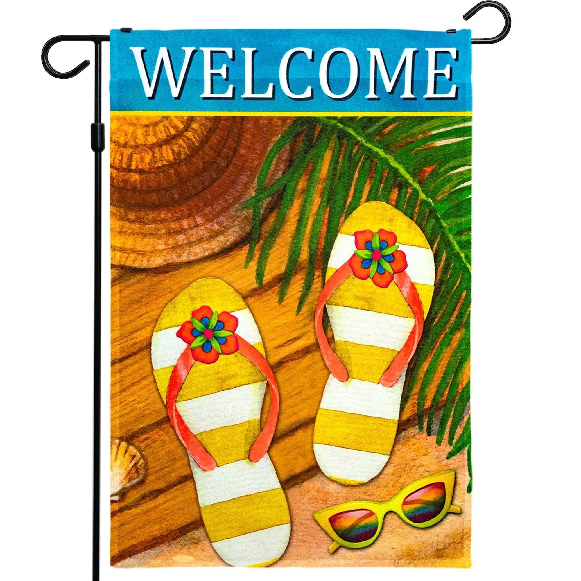 G128 Welcome Summer Sandals & Sunglasses Garden Flag | 12x18 Inch | 150D Polyester - Rustic Holiday Seasonal Outdoor Flag G128