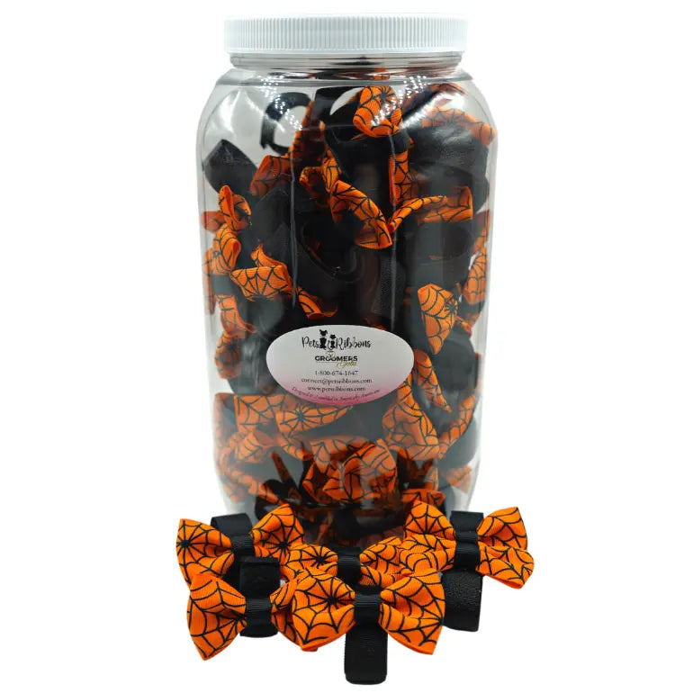 GG109SV | 50-100 Velcro Attachment Halloween Spiderweb Dog|Cat bows in Jar|Pets Ribbons Pets Ribbons