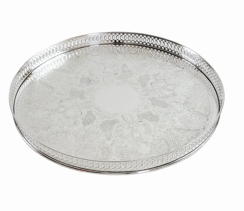 Gallery Tray 11" Engraved with 1" Pierced Gallery English Silver Plate c.1950 Corbell Silver