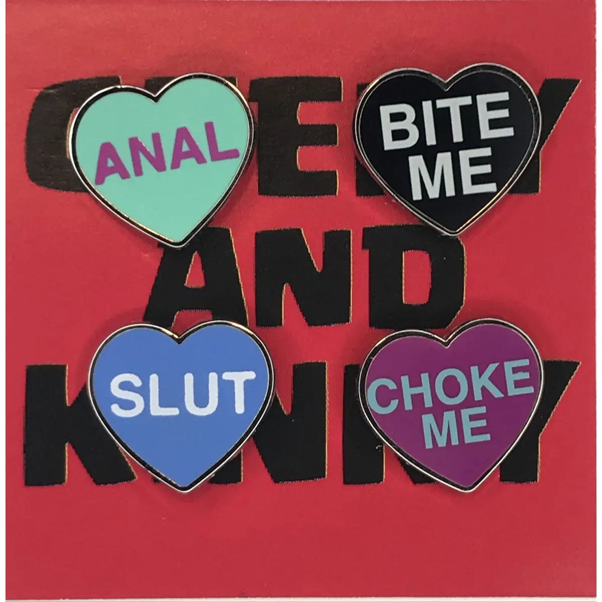 Geeky & Kinky Heart Pin 4pk (Anal - Slut - Bite Me - Choke Me) Geeky & Kinky