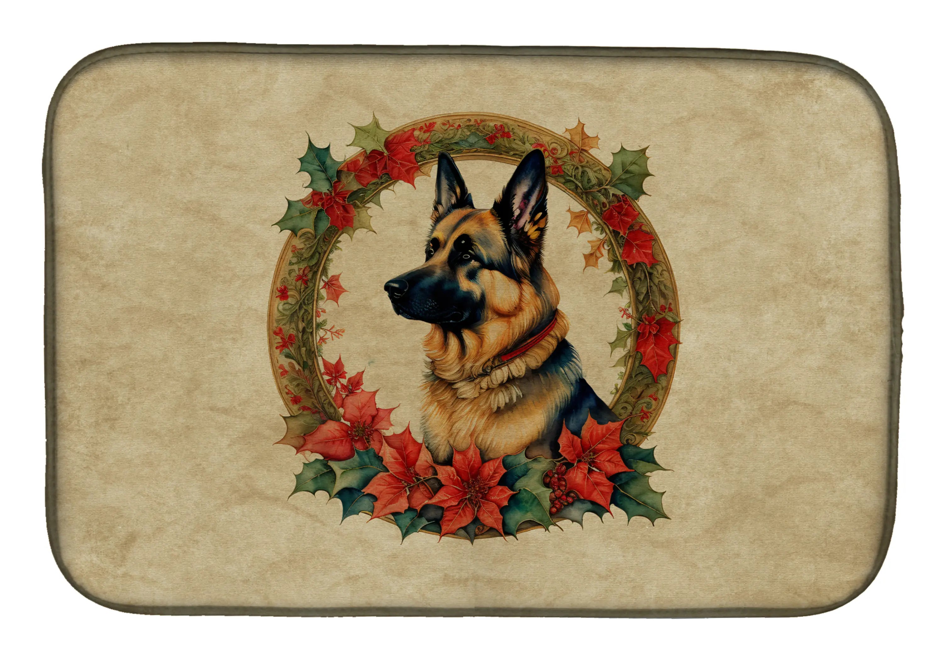 German Shepherd Christmas Flowers Dish Drying Mat Caroline's Treasures