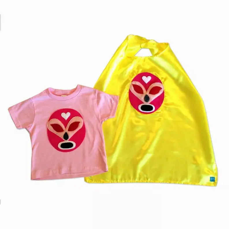 Girl Kid's Shirt- Luchador Rosa - Pink Mexican Wrestler Toddler T-Shirt & Yellow Cape Combo Mi Cielo