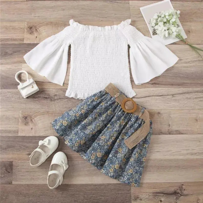 Girls Flared Sleeve Design Tops And Floral Pattern Pleated Skirt With Belt Set Izlahs Bee Hive