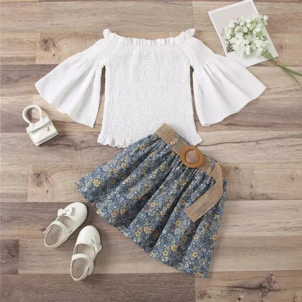 Girls Flared Sleeve Design Tops And Floral Pattern Pleated Skirt With Belt Set Izlahs Bee Hive