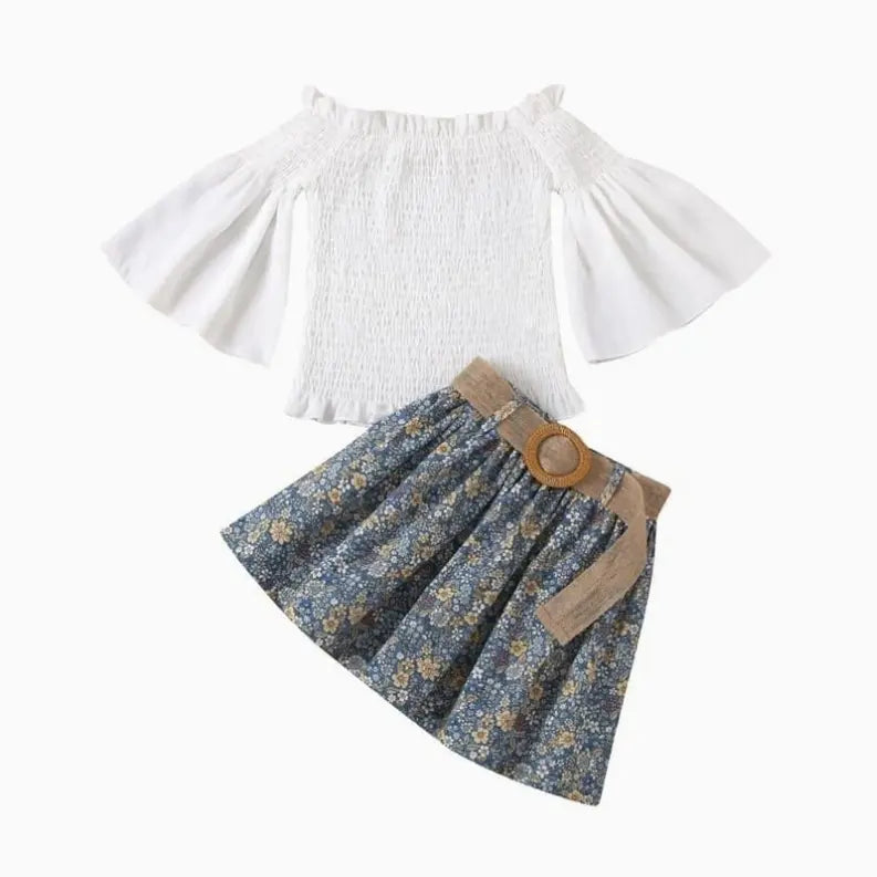 Girls Flared Sleeve Design Tops And Floral Pattern Pleated Skirt With Belt Set Izlahs Bee Hive
