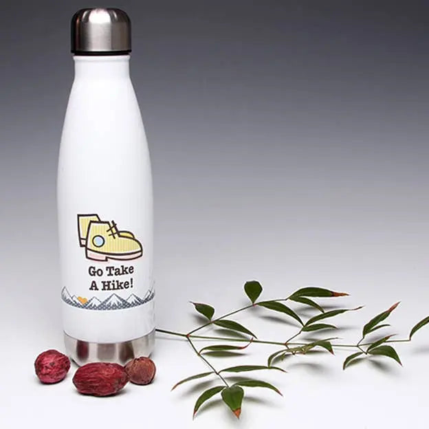 White stainless steel water bottle with "Go Take A Hike!" design, hiking boots illustration, and silver cap.