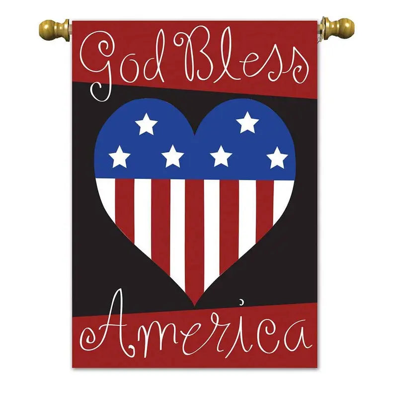 Red, white, and blue "God Bless America" heart flag banner, featuring stars and stripes design, perfect for patriotic decor.