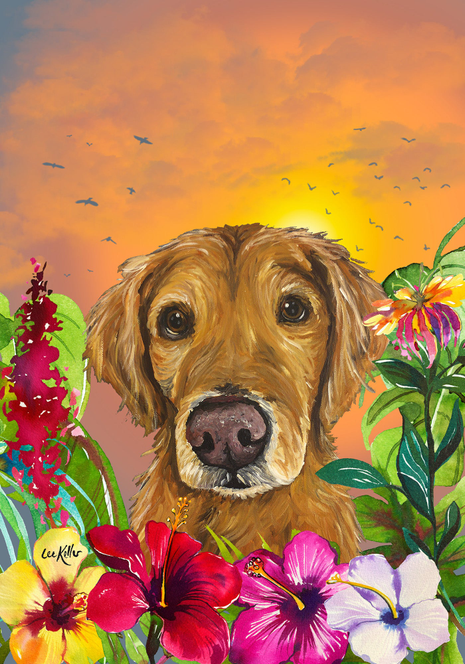 Golden Retriever  - Hippie Hound Studios Tropical Summer  House and Garden Flags Best of Breed