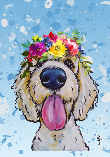 Colorful floral crown on a happy white dog, vibrant blue background, cheerful and whimsical art style.
