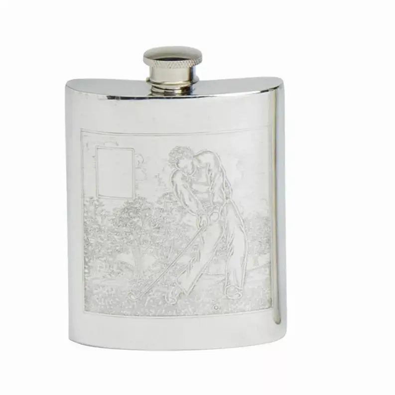 Golf Scene Flask Pewter 6oz Corbell Silver