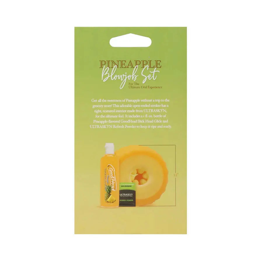 Pineapple Blowjob Set with tropical scent; includes pineapple-shaped body oil and refreshing gel in bright packaging.