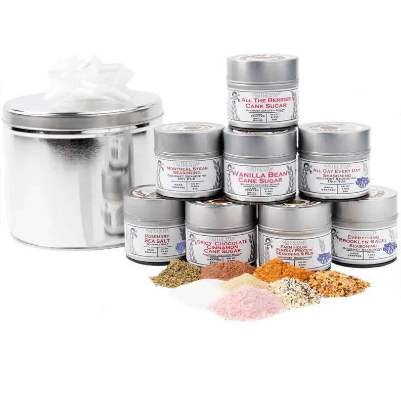 Gourmet Pantry Essentials Gift Pack | 8 Gourmet Seasonings & Salts In A Handsome Gift Tin Gustus Vitae