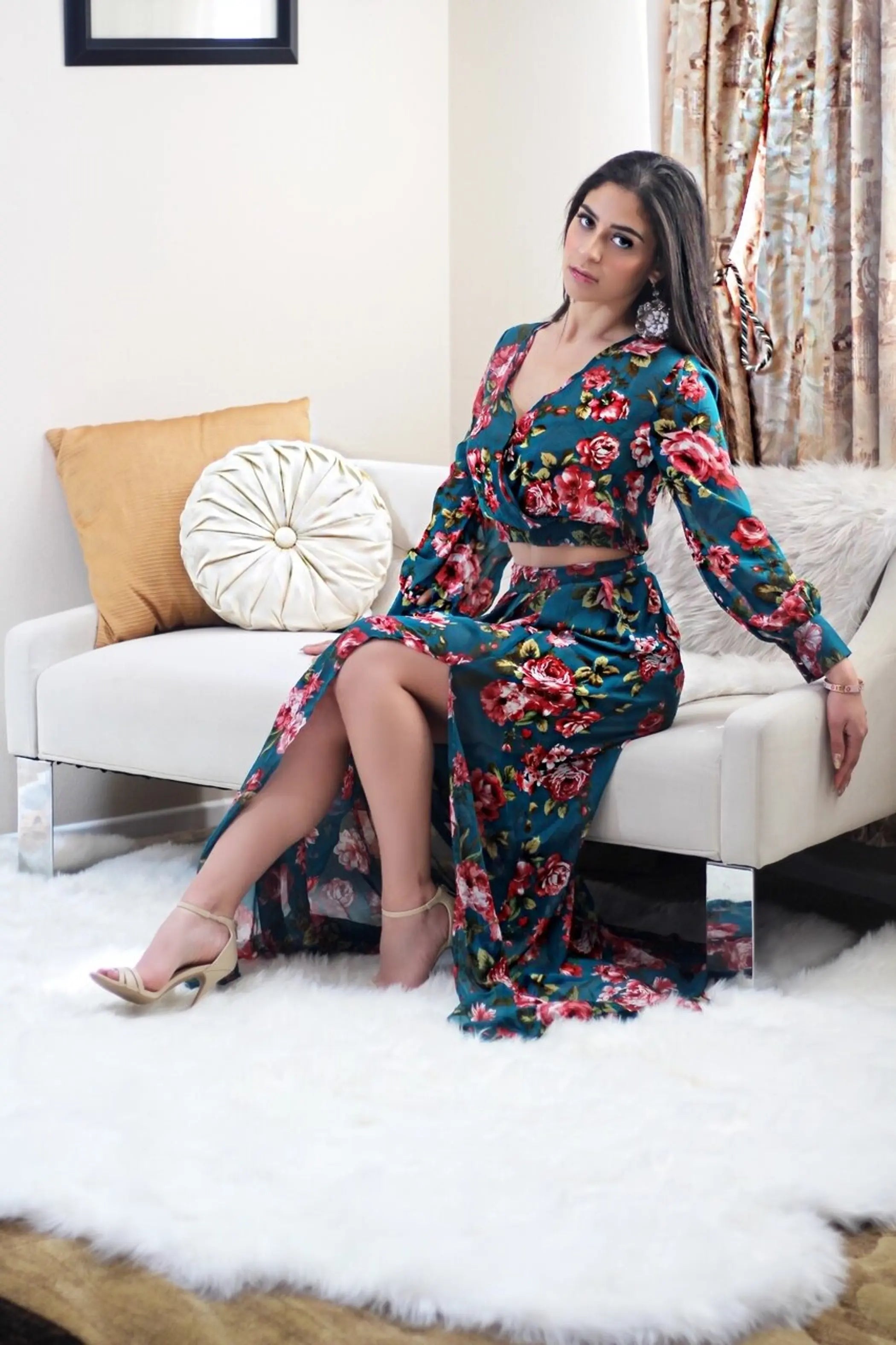 Grace Two Piece Green Floral Maxi Set with a Side Slit SurelyMine