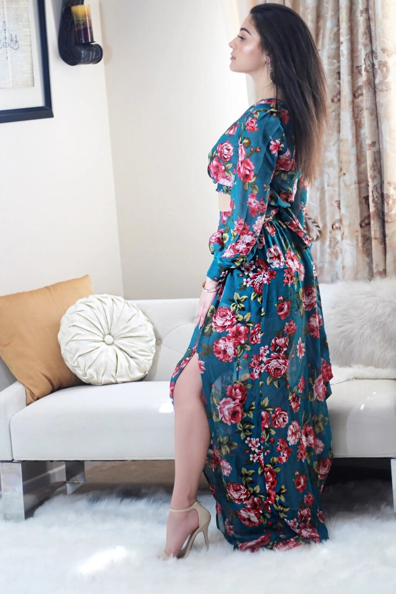 Grace Two Piece Green Floral Maxi Set with a Side Slit SurelyMine