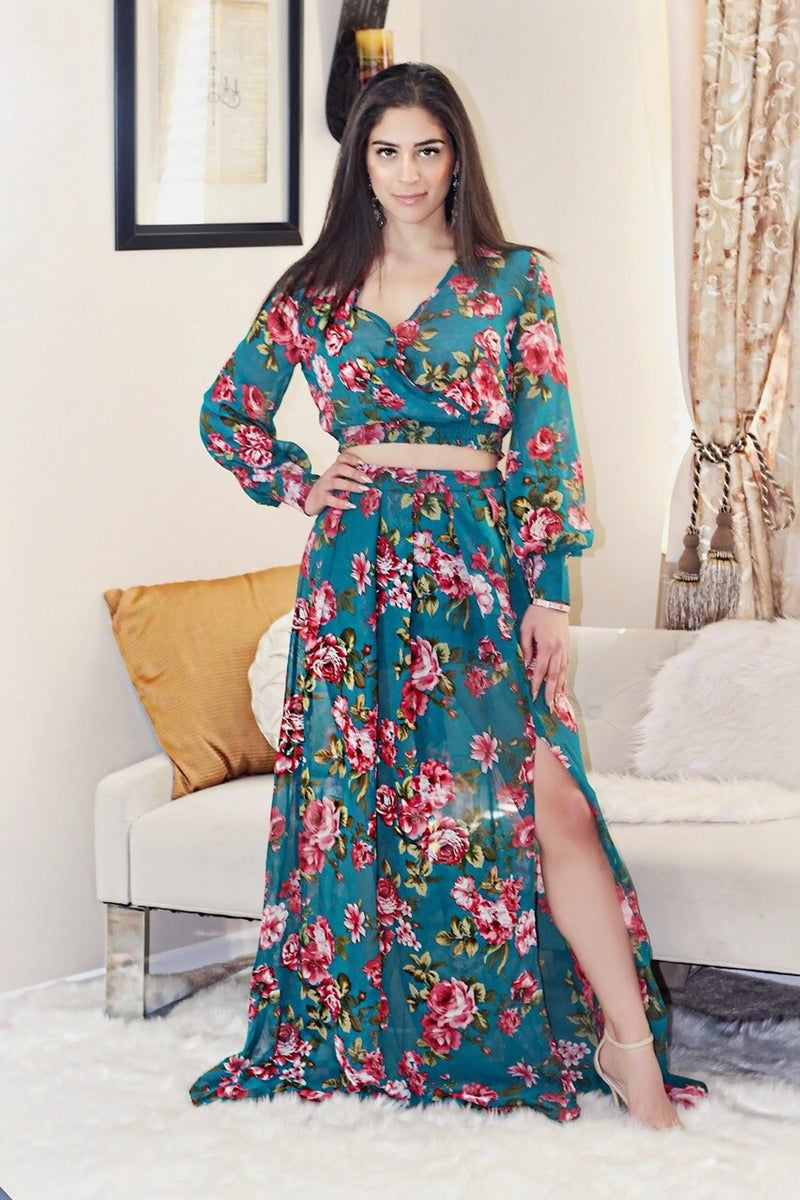 Grace Two Piece Green Floral Maxi Set with a Side Slit SurelyMine