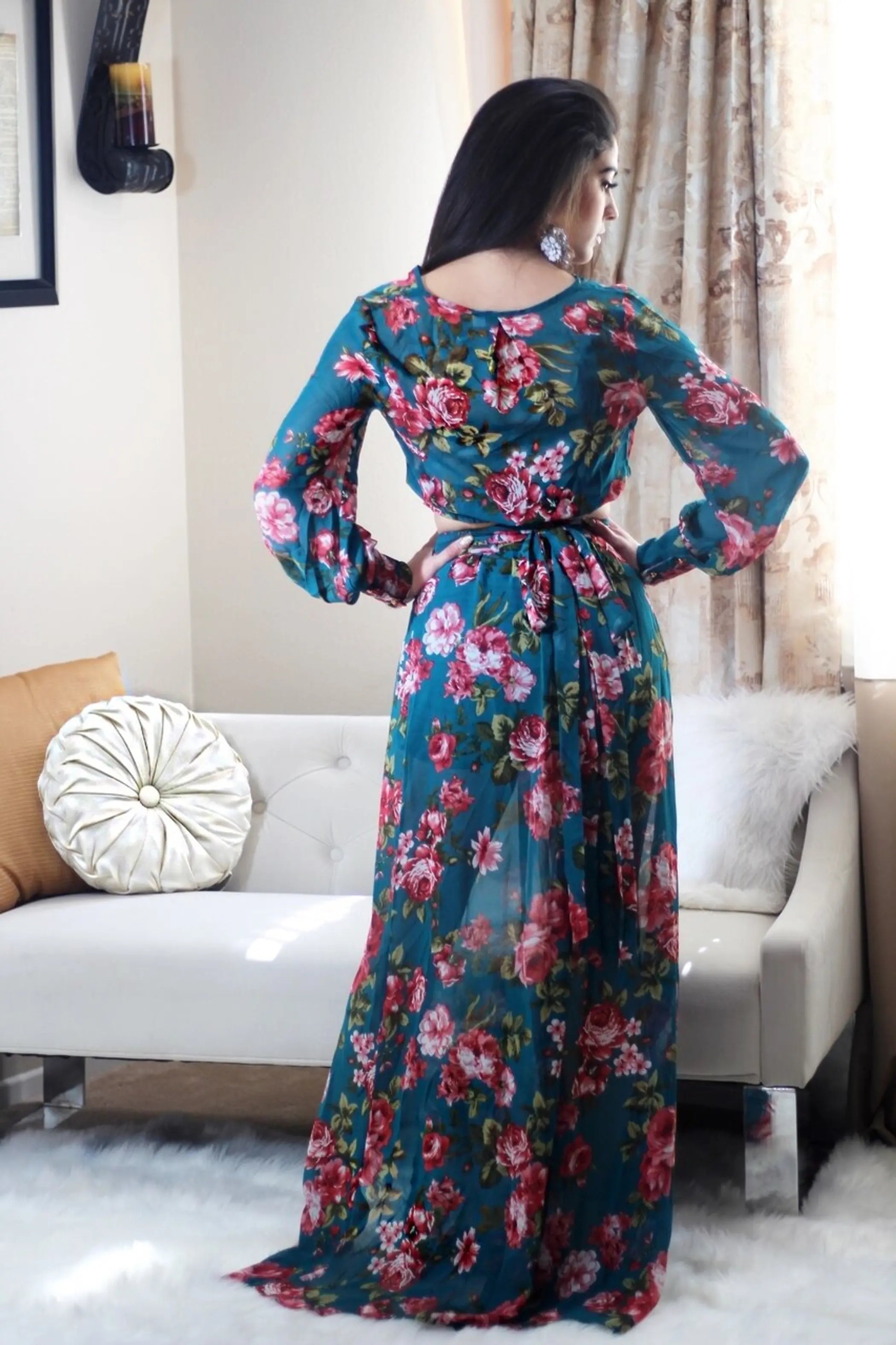 Grace Two Piece Green Floral Maxi Set with a Side Slit SurelyMine