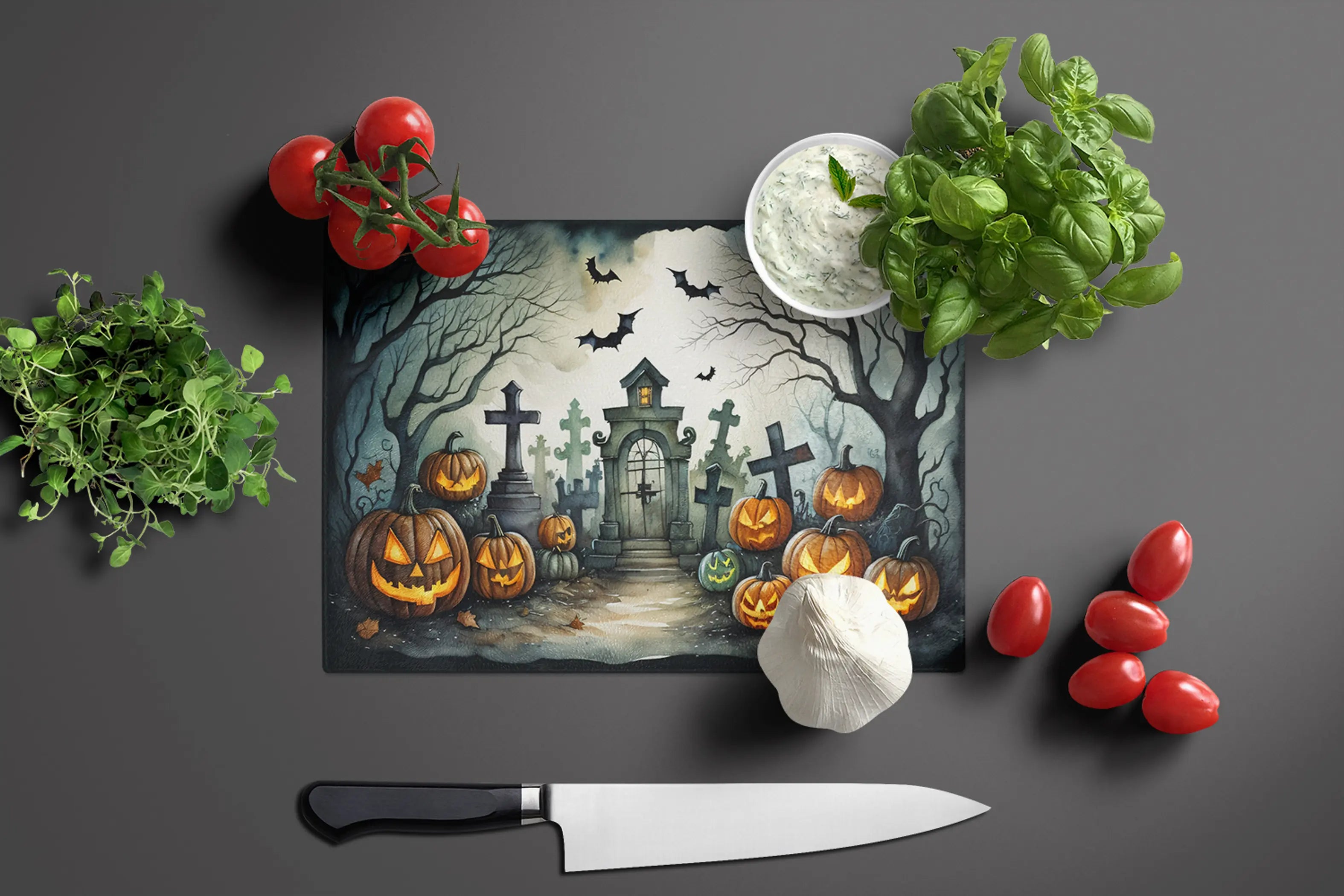 Graveyard Spooky Halloween Glass Cutting Board Caroline's Treasures