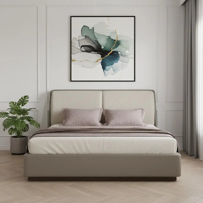 Gray And Cream Faux Leather Upholstered King Bed Frame Homeroots Bed & Bath