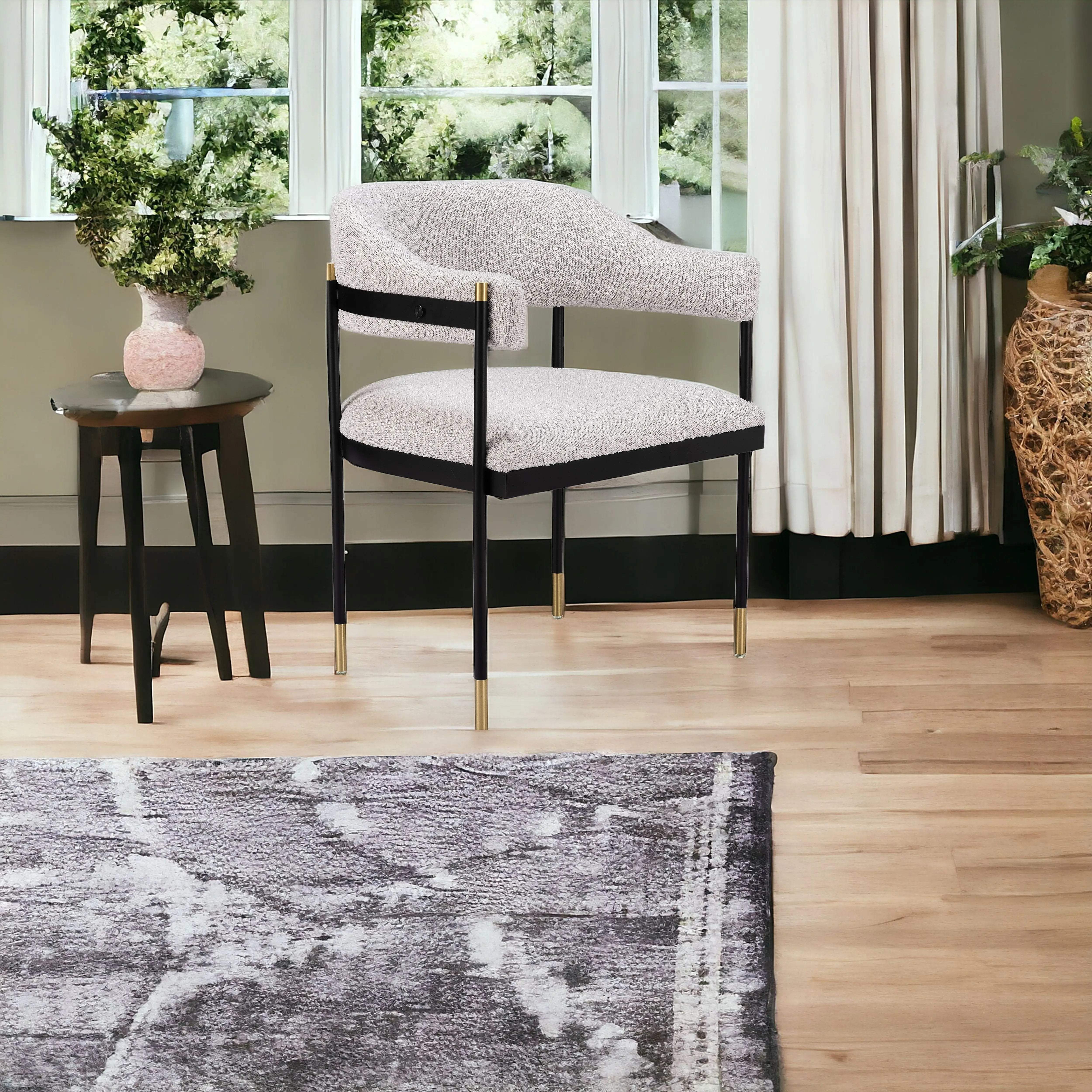 Gray Black and Gold Upholstered Faux Fur Open Back Dining Arm Chair Homeroots