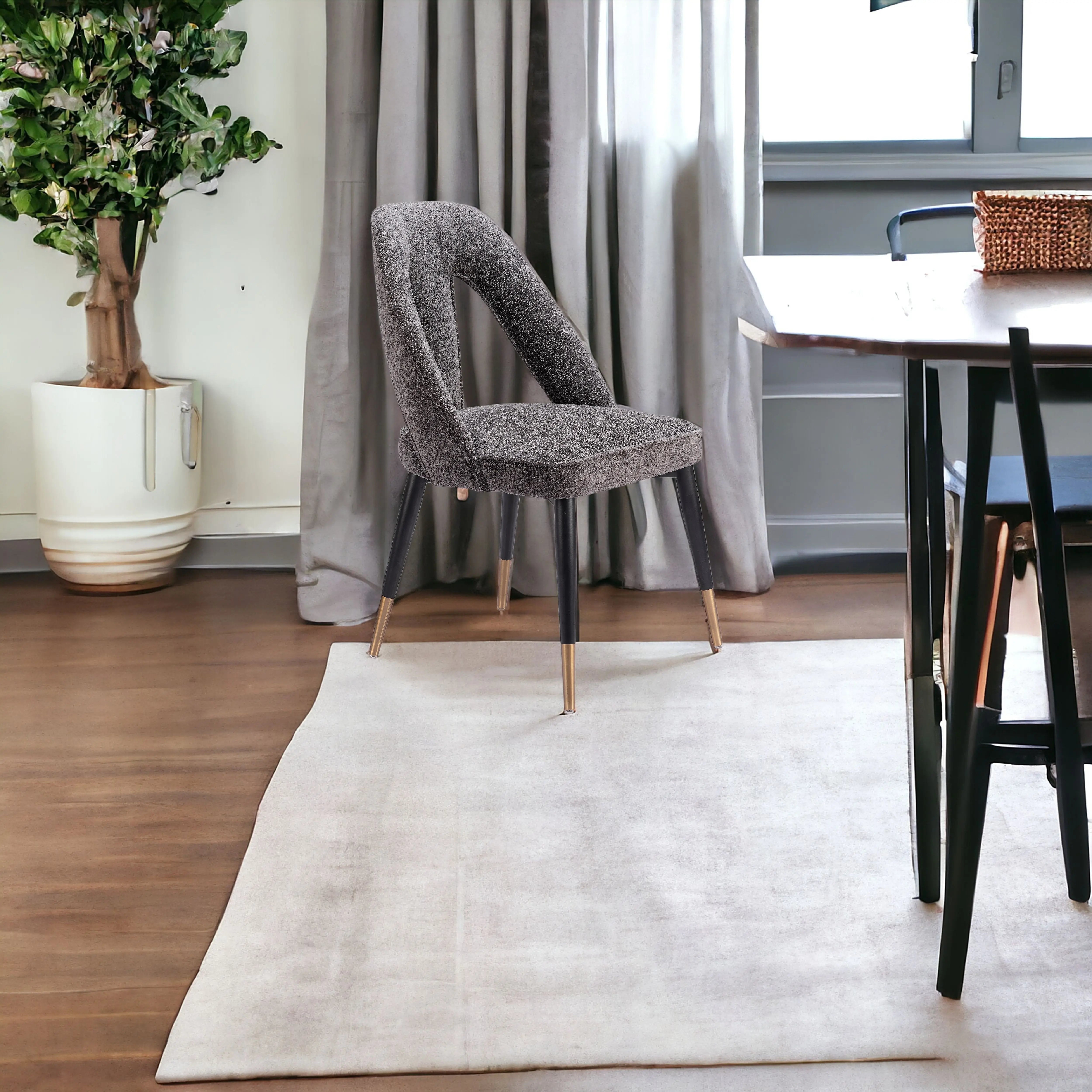 Gray Black and Gold Upholstered Faux Fur Open Back Dining Side Chair Homeroots