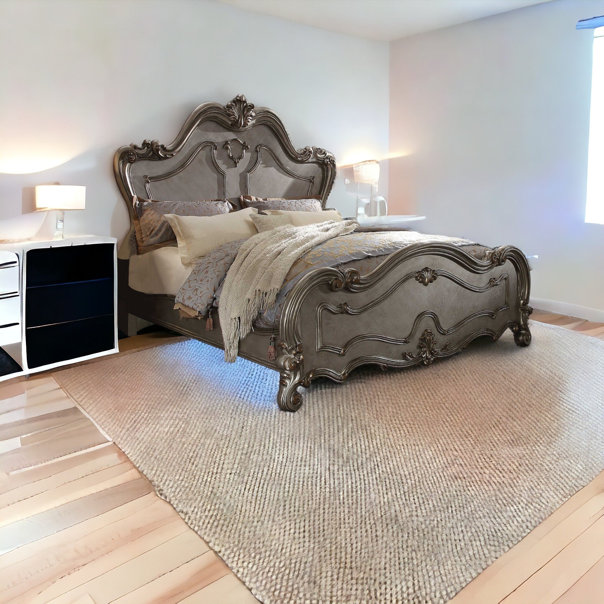Gray Carved Scrollwork Wood Queen Bed Frame Homeroots Bed & Bath