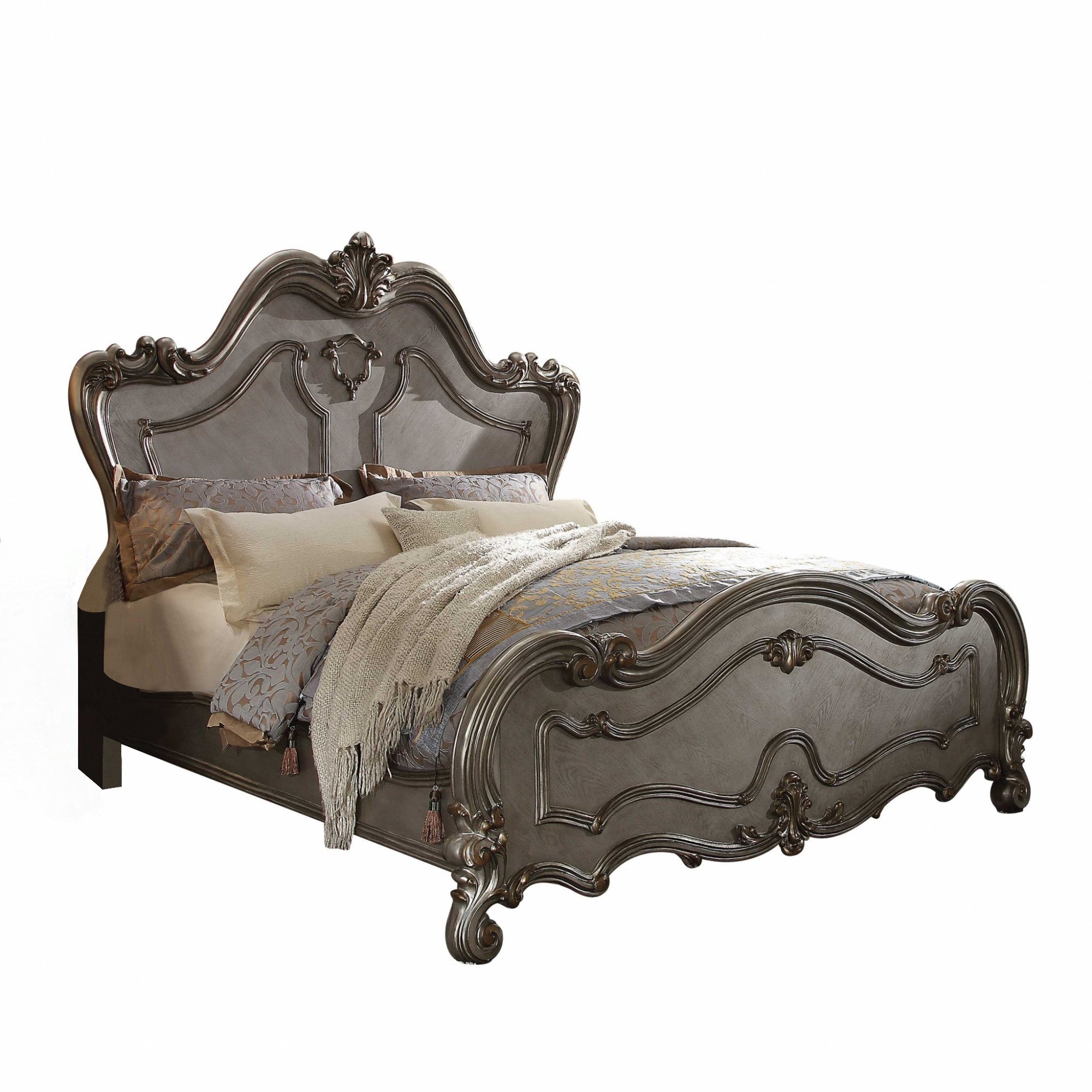 Gray Carved Scrollwork Wood Queen Bed Frame Homeroots Bed & Bath